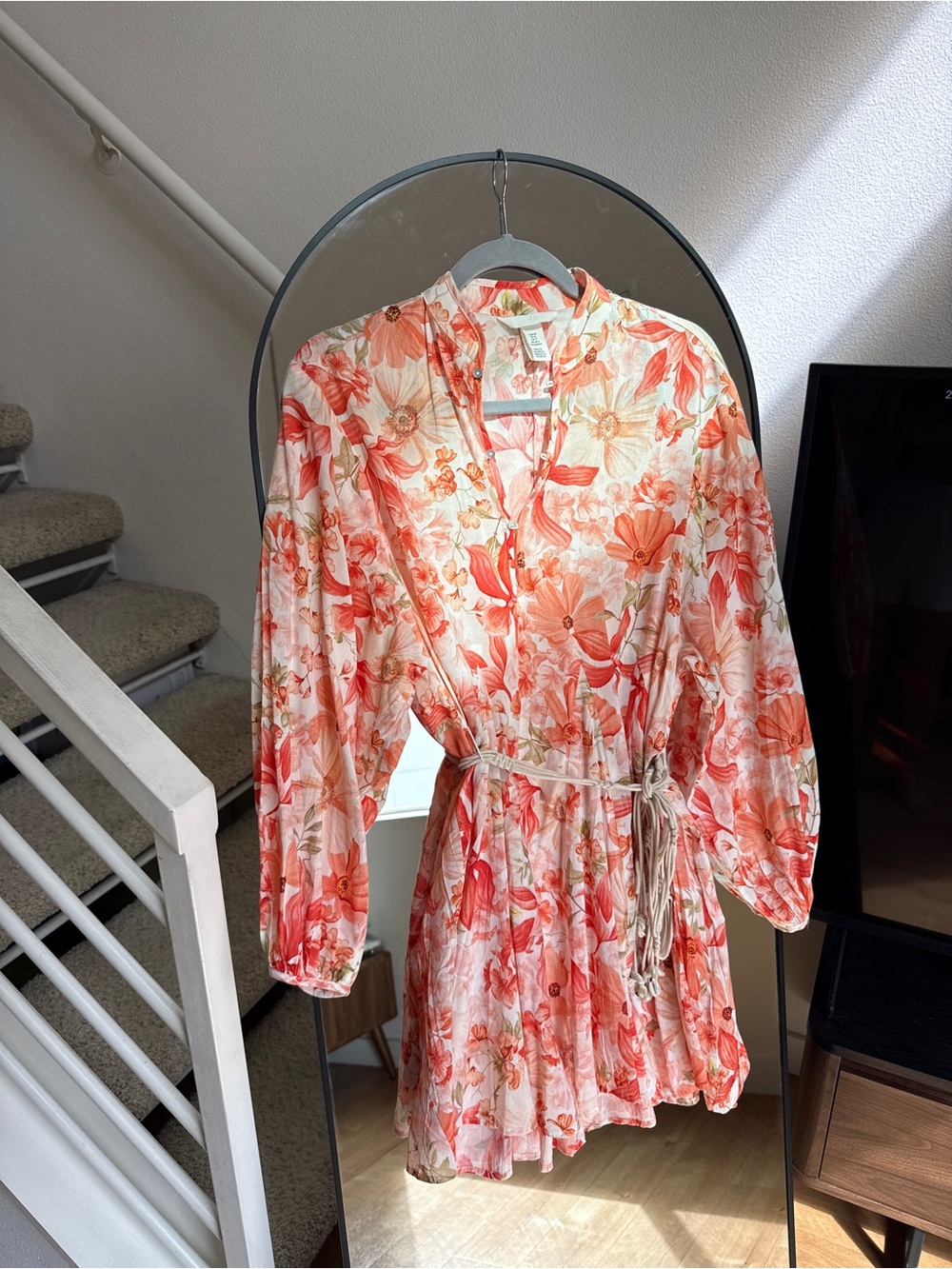 H&M Coral and Cream Floral Tie-Waist Mini Dress